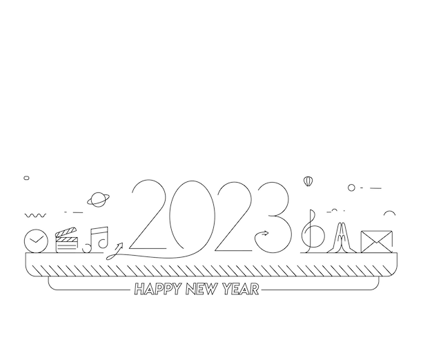 2023 Feliz Año Nuevo Texto con iconos de música Diseño Patter Vector ilustración