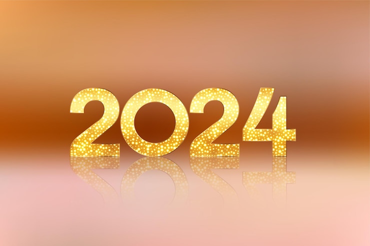 Vector gratuito 2024 fondo de letras doradas brillantes para el evento de año nuevo