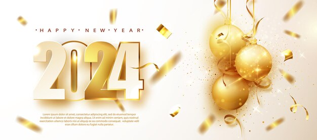 2024 números dorados con globos dorados y confeti brillante Banner de año nuevo con decoración para volantes de fiestas navideñas e invernales