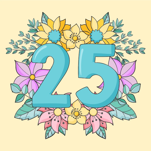 25 aniversario o cumpleaños dibujado a mano