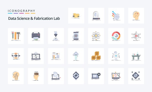 25 Laboratorio de fabricación y ciencia de datos Paquete de iconos de color plano Ilustración de iconos vectoriales