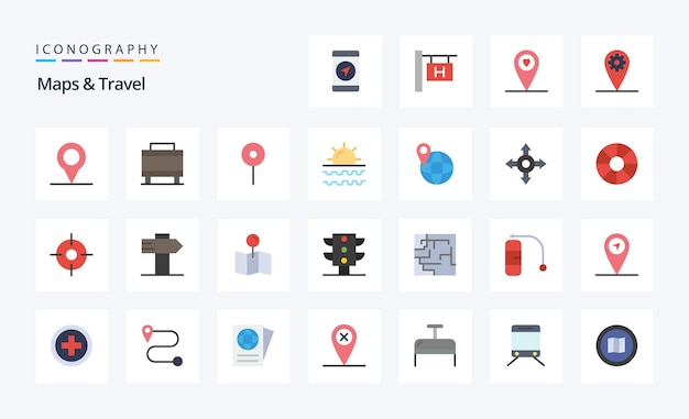 25 Mapas Viajes Paquete de iconos de color plano Ilustración de iconos vectoriales