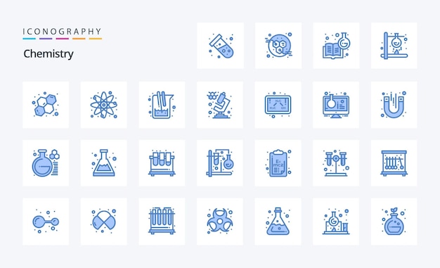 25 Paquete de iconos azules de química Ilustración de iconos vectoriales