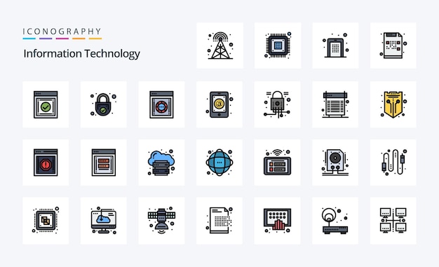 Vector gratuito 25 paquete de iconos de estilo de línea de tecnología de la información ilustración de iconografía vectorial