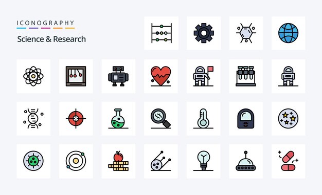 25 Paquete de iconos de estilo lleno de línea científica Ilustración de iconografía vectorial