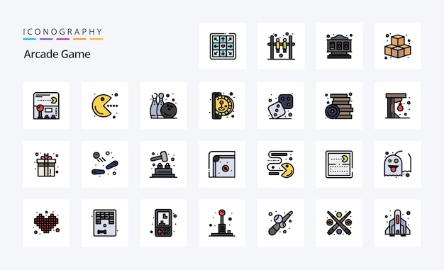 Vector gratuito 25 paquete de iconos de estilo relleno de línea arcade ilustración de iconografía vectorial