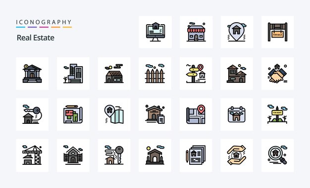 25 Paquete de iconos de estilo relleno de línea inmobiliaria Ilustración de iconografía vectorial