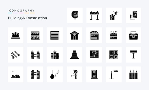 Vector gratuito 25 paquete de iconos de glifos sólidos de construcción y construcción ilustración de iconos vectoriales