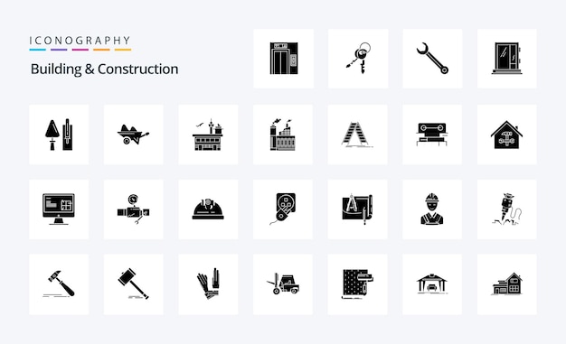 25 Paquete de iconos de glifos sólidos de construcción y construcción Ilustración de iconos vectoriales