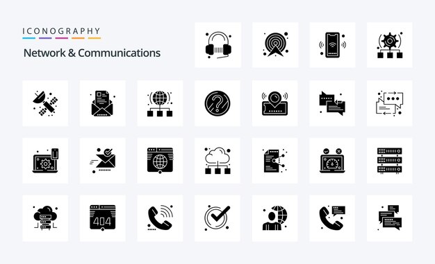 25 Paquete de iconos de glifos sólidos de redes y comunicaciones Ilustración de iconos vectoriales