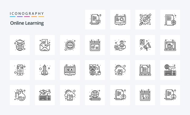 25 Paquete de iconos de línea de aprendizaje en línea Ilustración de iconos vectoriales