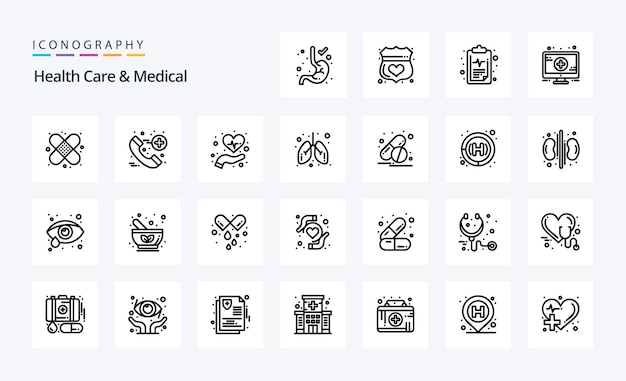 Vector gratuito 25 paquete de iconos de línea médica y atención médica ilustración de iconos vectoriales