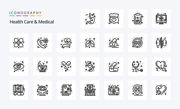 25 Paquete de iconos de línea médica y atención médica Ilustración de iconos vectoriales