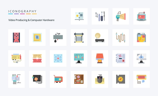 25 Producción de video y hardware de computadora Paquete de iconos de color plano Ilustración de iconos vectoriales
