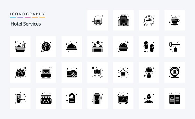 25 Servicios de hotel Paquete de iconos de glifos sólidos Ilustración de iconos vectoriales