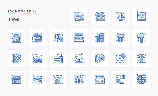 25 Viajes Paquete de iconos azules Ilustración de iconos vectoriales