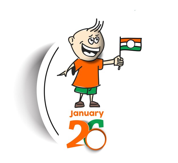 26 de enero concepto del día de la República un niño con la mano que sostiene la bandera india. Fondo de vector de dibujos animados.