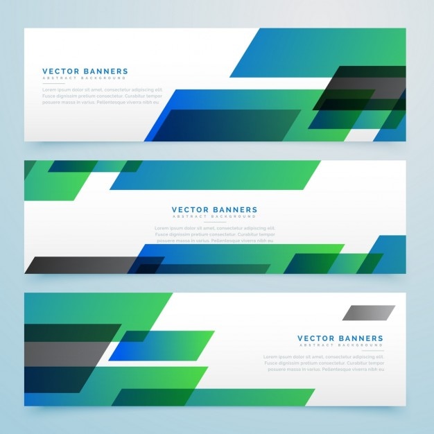 3 banners con formas geométricas verdes y azules