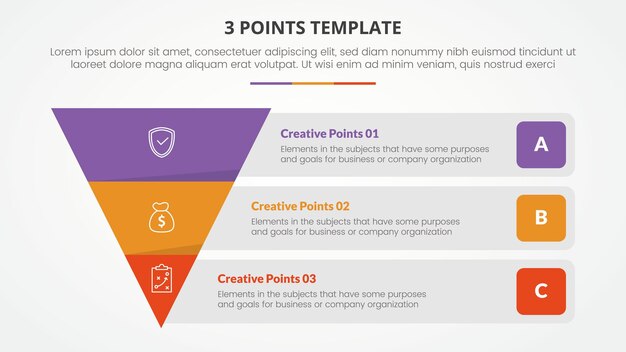 3 puntos plantilla de etapa concepto infográfico para presentación de diapositivas con pirámide inversa y descripción de contenedor de caja rectangular con lista de 3 puntos con estilo plano