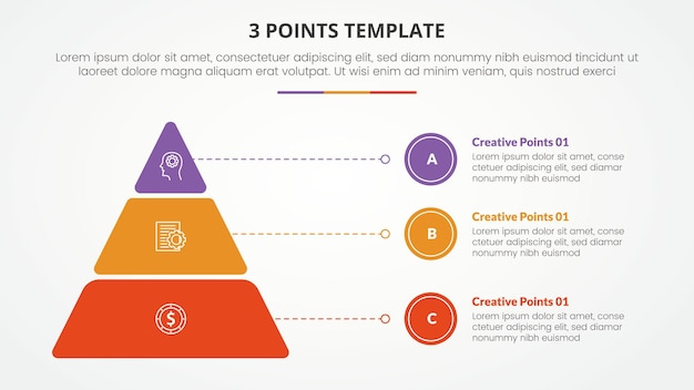 Vector gratuito 3 puntos plantilla de etapa concepto infográfico para presentación de diapositivas con pirámide redonda y puntero de línea con lista de 3 puntos con estilo plano