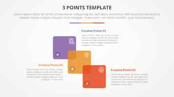 Vector gratuito 3 puntos plantilla de etapa concepto infográfico para presentación de diapositivas con venn mezcla estructura de escalera cuadrada con lista de 3 puntos con estilo plano