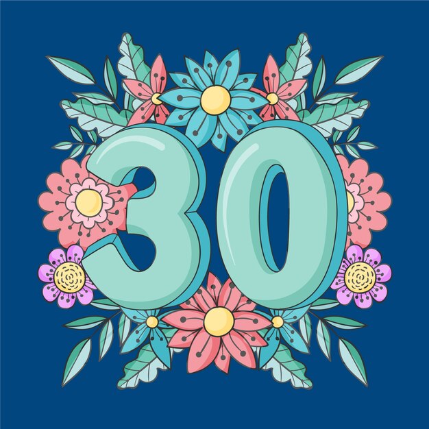 30 aniversario o cumpleaños dibujado a mano