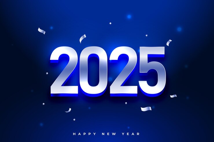 Vector gratuito 3d 2025 fondo de vacaciones de año nuevo con confeti plateado