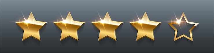 Vector gratuito 3d cinco estrellas doradas 5 insignias de metal dorado realistas con efecto de luz brillante