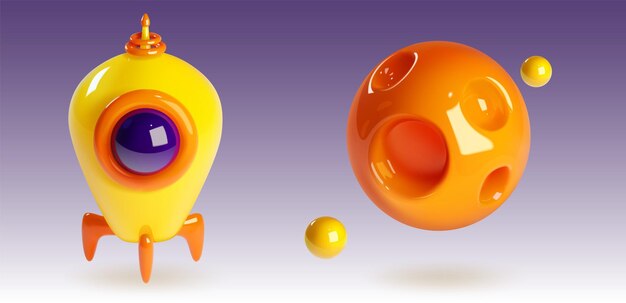 3d, cohete, nave espacial, y, planeta, render, icono, vector, realista, universo, elemento, diseño, ilustración, galaxia, conjunto, con, lindo, luna, satélite, y, juguete cósmico, creativo, mínimo, astronomía, cielo, juego, clipart