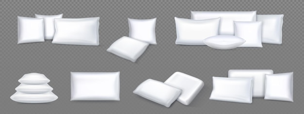 Vector gratuito 3d, cojín blanco, aislado, realista, vector, maqueta, cuadrado, sofá, forma, pluma, almohada, para dormir, ilustración, acogedor, inflable, funda de almohada, simulacro, plantilla, icono, conjunto, rectángulo, tela, interior, producto, pila