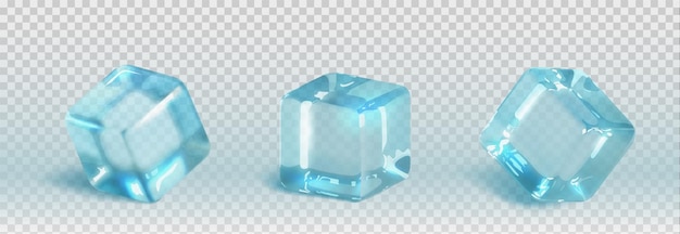 3d cubo de hielo de agua pieza aislada vector realista Conjunto de objetos de bebida de cóctel congelado azul translúcido Colección de bebidas acuáticas glaciales claras Burbuja de cristal fría y helada con reflejo de luz
