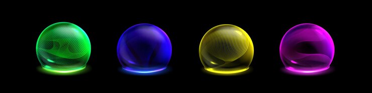 Vector gratuito 3d esfera burbuja proteger efecto barrera escudo cúpula de bola de cristal con red cibernética abstracta tecnología de energía segura para la defensa mágica neon blockchain guardia inmune redondo en amarillo verde rosa y azul