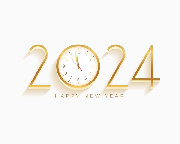 Vector gratuito 3d estilo dorado 2024 nuevo año fondo del reloj con efecto de sombra vector