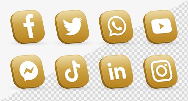 3d iconos de redes sociales logos marco cuadrado de oro dorado meta facebook instagram youtube icono de red
