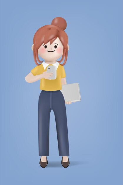 3d ilustración personaje de dibujos animados joven mujer trabajadora de pie y usar teléfono inteligente