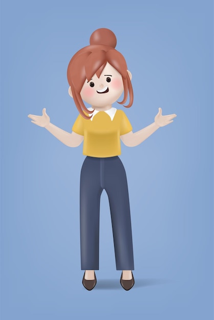 3d ilustración personaje de dibujos animados mujer joven no entender pose de gesto