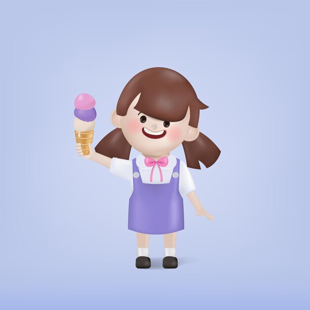 3d ilustración vector linda niña feliz niños con cono de helado 3d vector dibujos animados personas diseño