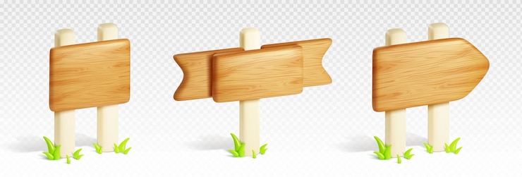 Vector gratuito 3d, madera, camino, señal, poste, tablero, dirección, vector, madera, letrero, puntero, con, poste blanco, aislado, icono, conjunto, para, juego, información, o, aviso, textura de madera, en, cartelera, guía, marco, para, destino, etiqueta
