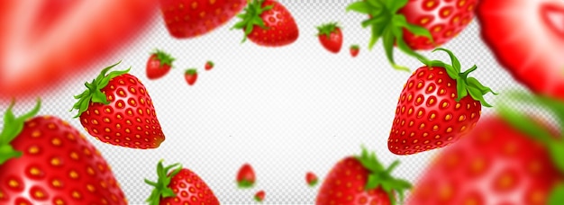 3d marco de rebanada de fruta de fresa realista aislado sobre fondo transparente Diseño gráfico de verano de bayas voladoras rojas medio cortadas Decoración de borde de grupo de productos naturales de verano en rodajas caídas con desenfoque