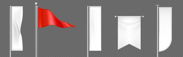 3d pennant bandera blanca y roja pancarta vector maqueta signo de tela ondulada en poste lienzo triángulo realista conjunto para evento deportivo o celebración promoción de exposición cartel de algodón en palo de acero