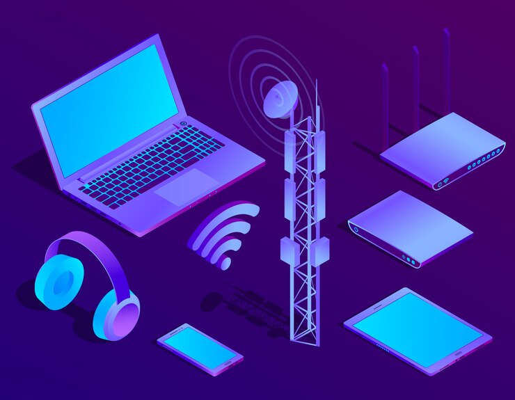 Vector gratuito 3d portátil violeta isométrica, enrutador con wi-fi y repetidor de radio. computadora ultravioleta