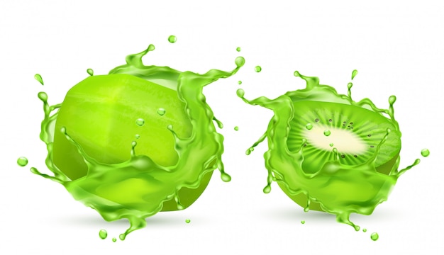 Vector gratuito 3d realista pelado kiwi tropical en salpicaduras de jugo. fruta dulce exótica verde en vit fresco