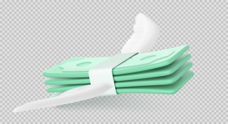 Vector gratuito 3d render dinero mosca dólares pila con alas blancas