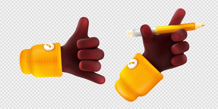 Vector gratuito 3d render mano negra shaka y palma sosteniendo lápiz
