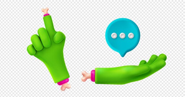 3D Render manos zombie apuntando y burbujas de discurso