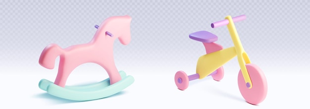 Vector gratuito 3d renderización icono de juguete de caballo mecedor con triciclo bicicleta de rueda para niños y juego de columpio para animales conjunto de png de plástico aislado bicicleta para niños pequeños para el patio de recreo y recreación clipart de actividad infantil