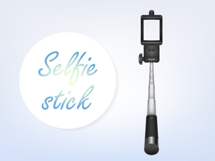 Vector gratuito 3d selfiestick realista, cartel publicitario, banner. monopod para teléfono inteligente