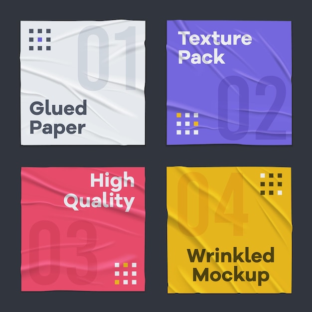 4 hojas de papel cuadradas de colores arrugadas arrugadas mal pegadas