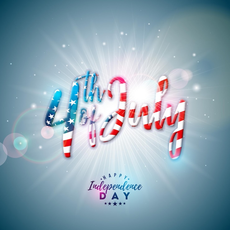 Vector gratuito 4 de julio día de la independencia de los ee. uu. ilustración vectorial con patrón de bandera estadounidense letras 3d