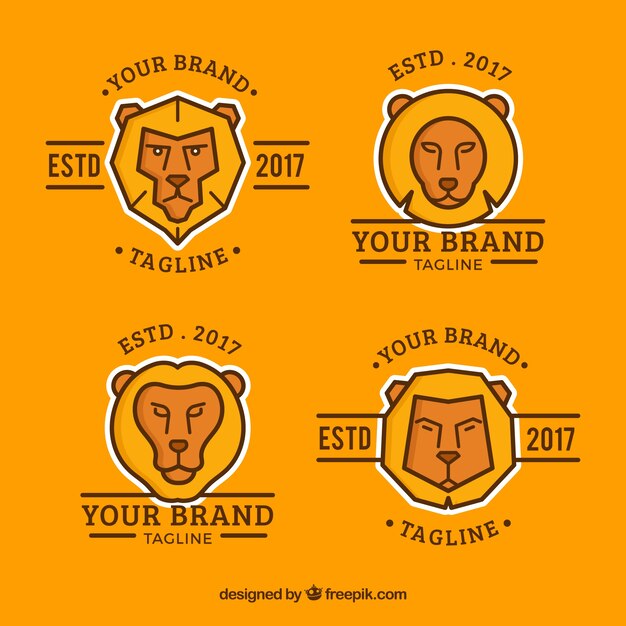4 logotipos de león sobre un fondo naranja